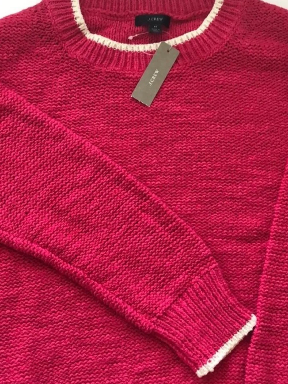 J CREW BERRY with WHITE TRIM Women’s Bright KNIT Crewneck Sweater!! NWT! L